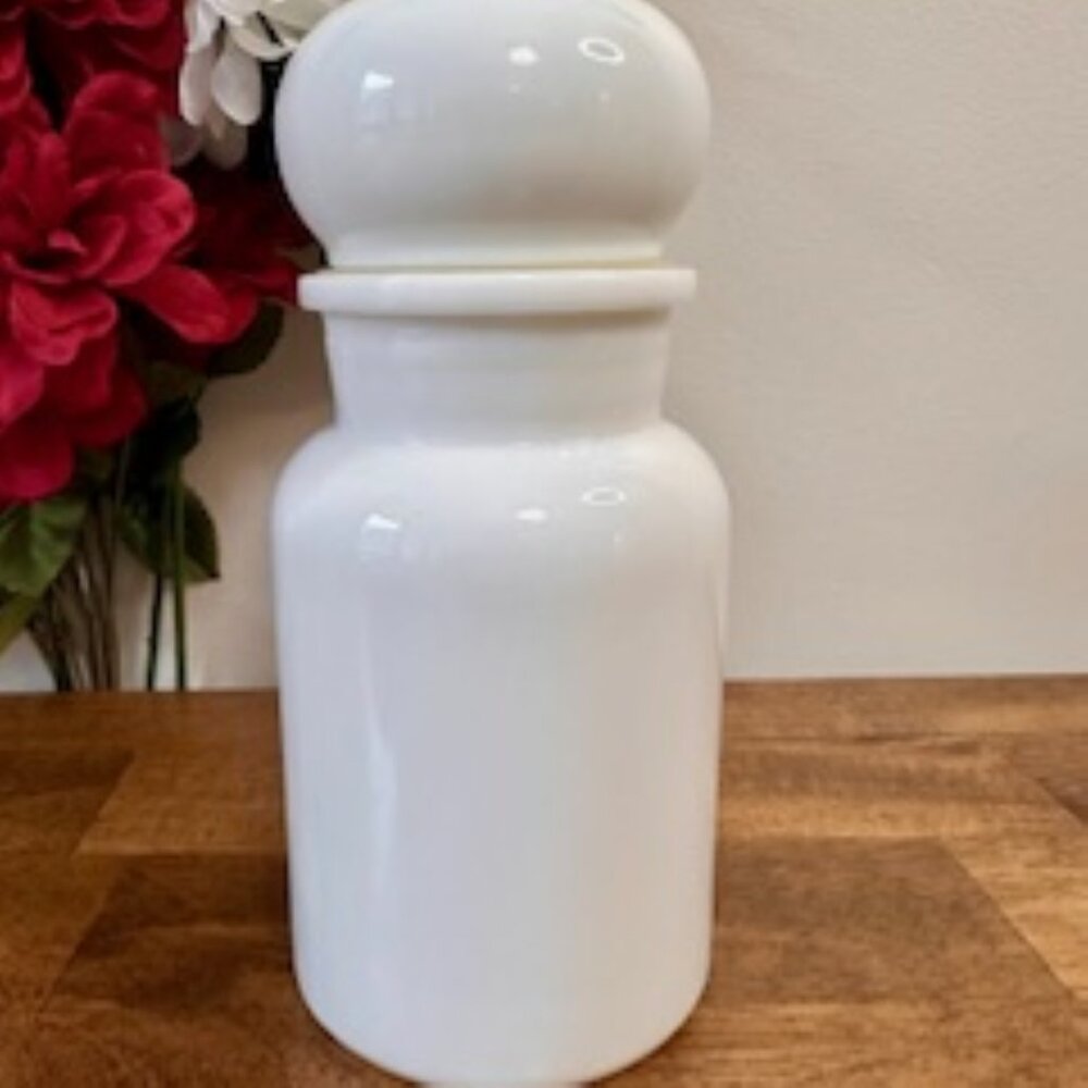 Vintage White Milk Glass Apothecary Jar Belgium Lidded Container Kitchen Decor